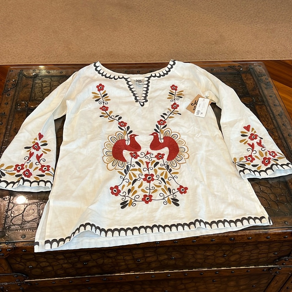 ivy jane White Tunic with Red & Gold Embroidered Birds